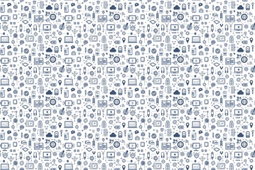 A repeating pattern of various technology icons in blue and white, showcasing a variety of digital elements.