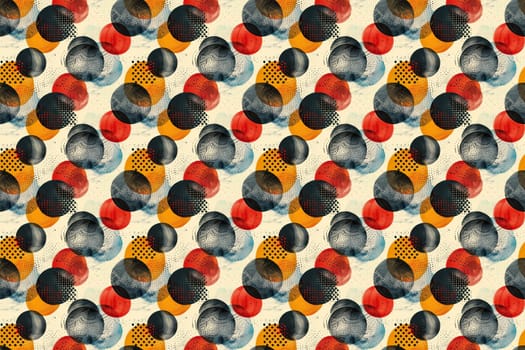 A seamless pattern featuring overlapping circles in various shades of red, yellow, blue, and black on a beige background.