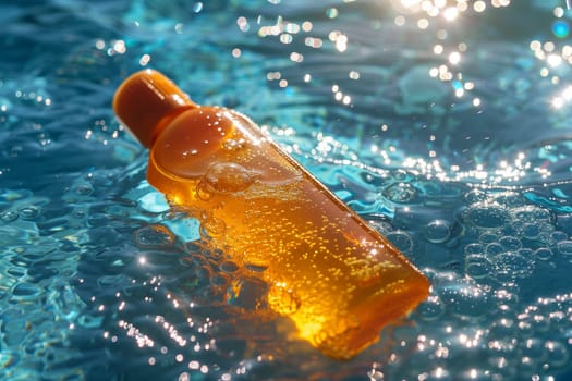 A close-up of a bottle of medicine floating in a pool of blue water on a sunny day.