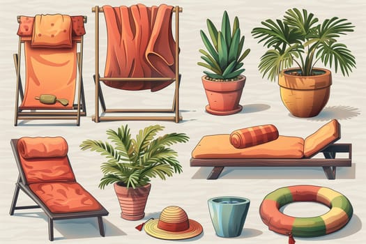 A digital illustration of a comfortable lounge chair with pillows and towels, surrounded by tropical plants, a pool float, sandals, and a straw hat.