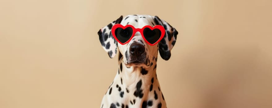 Dalmatian dog with red heart-shaped sunglasses against beige background, playful concept.