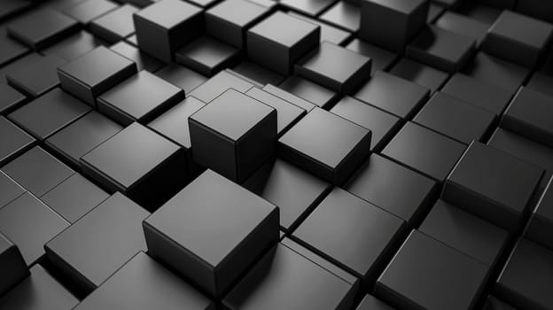 A close-up view of a geometric pattern formed by numerous three-dimensional cubes, captured in grayscale, with a focus on one cube elevated above the others - Generative AI