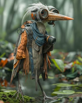 3D cartoon, a heron wearing big glasses walks through a swamp. Selective focus