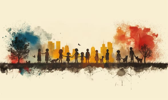 Watercolor, children standing in front of a city landscape. Selective focus.