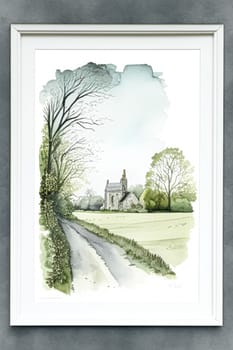 Beautifully framed watercolour painting of the English countryside nature, interior design and home decor idea