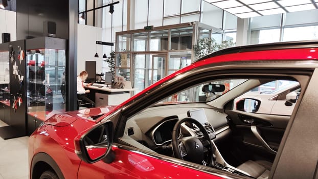 Cheboksary, Russia - March 20, 2023: Cars in showroom of dealership Mazda