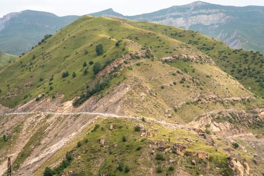 Caucasian mountain. Dagestan. Trees, rocks, mountains, view of the green mountains. Beautiful summer landscape