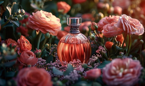 Elegant perfume bottle among flowers in retro style. Selective focus.