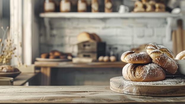 Bakery with freshly baked bread, variety of bread loaves, rolls, and baguettes displayed in baskets and on wooden shelves in the English countryside village