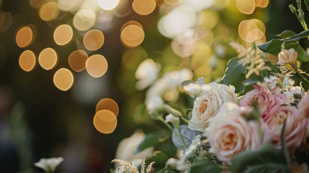 Outdoor wedding reception, warm glow of the lights creates a magical atmosphere as guests gather, the background is slightly blurred, joyful ambiance of the celebration, romantic and festive evening wedding celebration