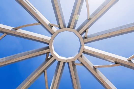construction of art object on background of blue sky background. Amphitheater in Navruz Park in Tashkent in Uzbekistan