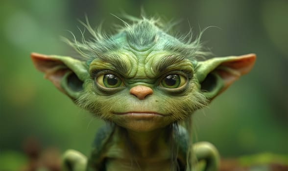 3D, cartoon goblin in the forest, close-up. Selective focus