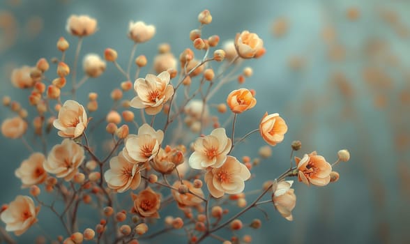 Branch with flowers on a blue background. Selective focus.