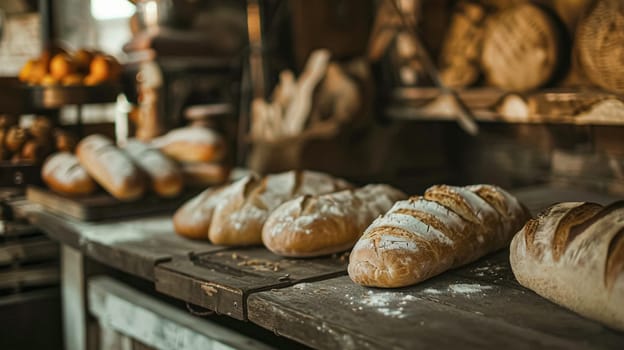 Bakery with freshly baked bread, variety of bread loaves, rolls, and baguettes displayed in baskets and on wooden shelves in the English countryside village