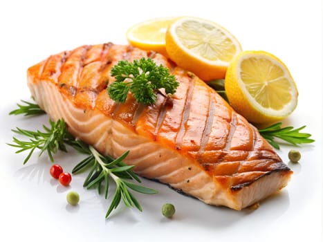 Grilled salmon fillet steak with salt pepper and herb on grill. Isolated on white background. Ai generated image