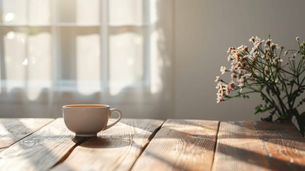 A serene workspace with a simple wooden desk, a cup of tea and gentle bokeh effects, Mindfulness and minimalism.