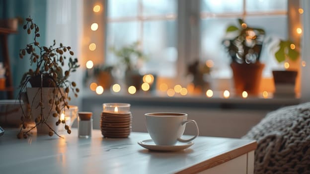 A minimalist home office with a simple desk and a cup of coffee with delicate bokeh lights in the background.