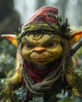 3D, cartoon evil goblin in the forest, close-up. Selective focus