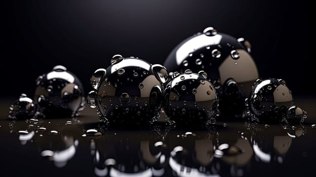 A group of shiny, metallic spheres are sitting on a dark surface. The spheres are all different sizes and are arranged in a way that creates a sense of depth and dimension. Scene is one of elegance