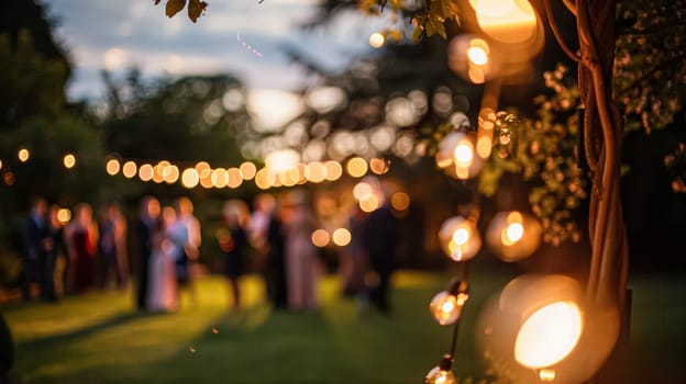 Outdoor wedding reception, warm glow of the lights creates a magical atmosphere as guests gather, the background is slightly blurred, joyful ambiance of the celebration, romantic and festive evening wedding celebration