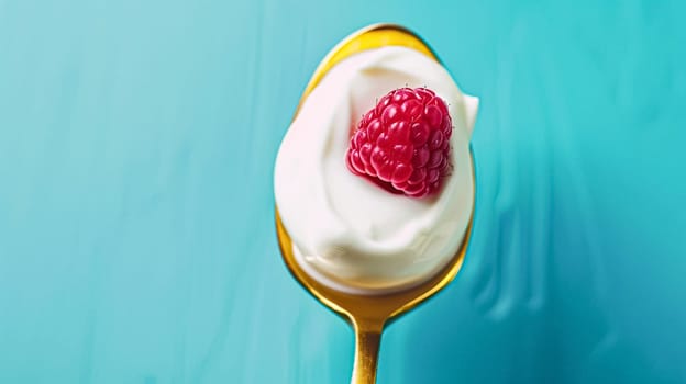 Golden spoon filled with creamy yoghurt and topped with fresh raspberries