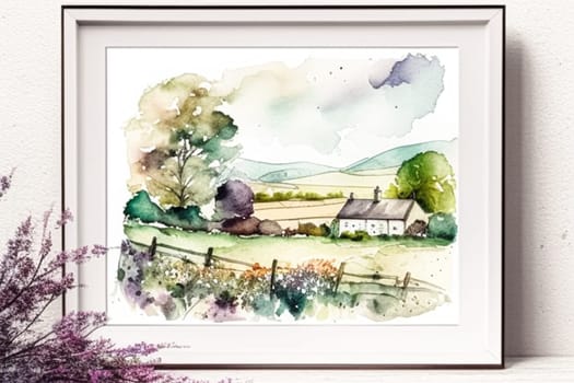 Beautifully framed watercolour painting of the English countryside nature, interior design and home decor idea