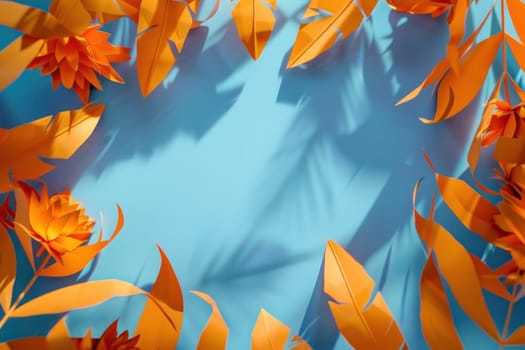 Circle of vibrant orange flowers and leaves on blue background with copy space for travel, beauty, and art concepts