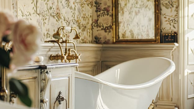 Bathroom decor in Edwardian manor, interior design and home decor, bathtub and bathroom furniture, English country house and cottage style inspiration