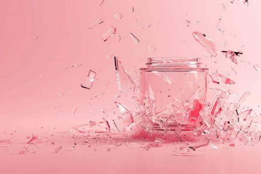 Cracked glass jar on pink background in 3d for beauty and art concepts