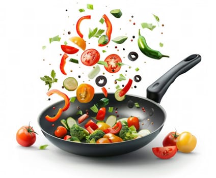 Flying vegetables in frying pan on white background for healthy cooking and culinary art concept