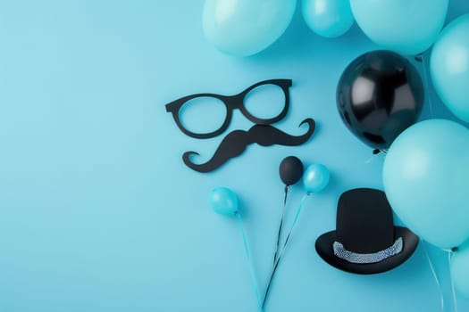 Celebratory blue background with balloons, hat, glasses, and mustache fun and festive party accessories