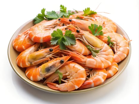 Pile of boiled shrimps on the plate on white background. Ai generated image