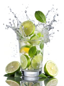 Glass of lime lemonade with slices of lime and mint on white background. Lemonade splash. Ai generated image