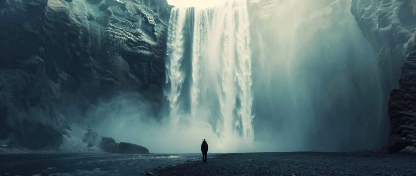 Man standing in awe of majestic waterfall with massive drop, surrounded by breathtaking nature beauty and adventure travel concept