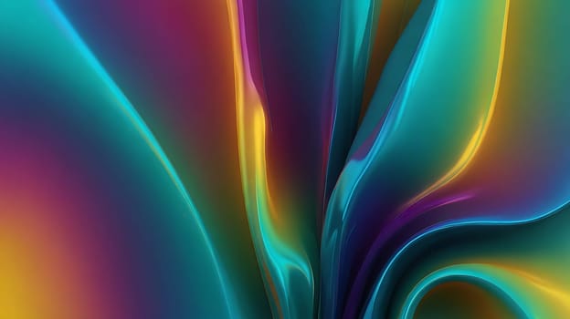 Abstract holographic iridescent green, purple and yellow liquid metal texture background. Colorful abstract gleaming fluid material.