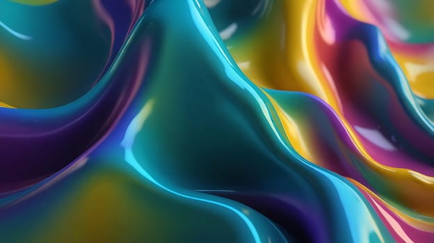 Abstract holographic iridescent green, purple and yellow liquid metal texture background. Colorful abstract gleaming fluid material.