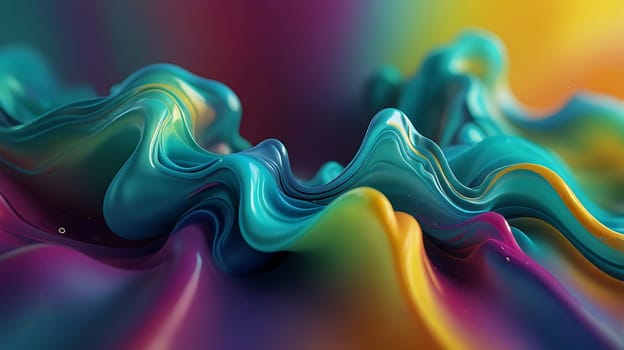 Abstract holographic iridescent green, purple and yellow liquid metal texture background. Colorful abstract gleaming fluid material.