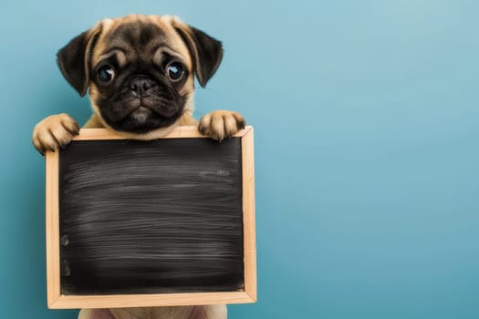 pug dog hold empty clean sign black board with copy space.