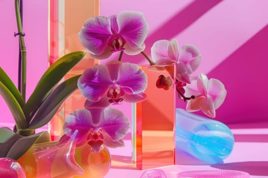 Exquisite orchid arrangement on table with water vase for home decoration and beauty enhancement