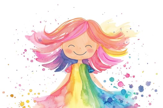 Portrait of cheerful little girl in colorful dress with rainbow hair and smiling face, watercolor illustration for fashion and beauty concept art