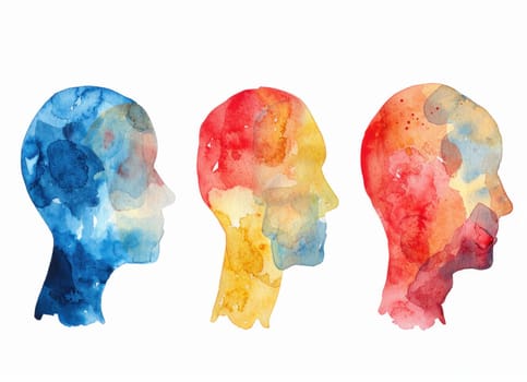 Colorful watercolor painted heads in various positions on white background for art and creativity concept