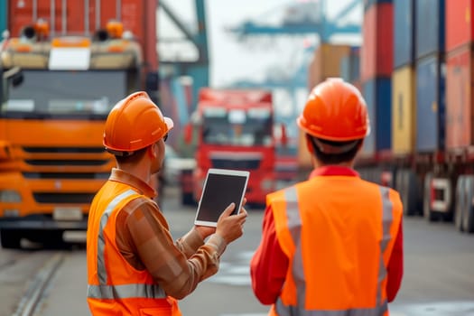 Engineer wearing uniform inspection and see detail on tablet with logistics container .transport logistic import export concept..