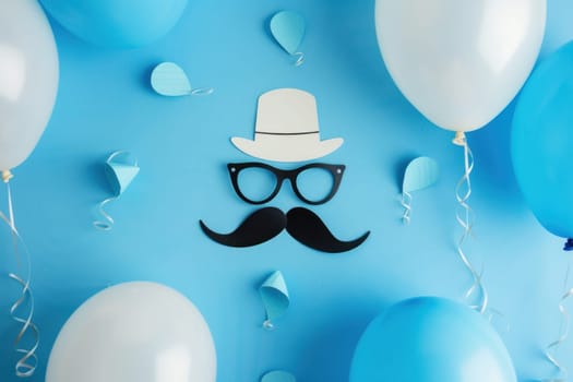 Celebration with blue and white balloons, hat, glasses, and mustache on a blue background