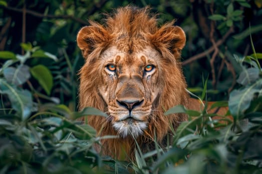 close shot of an intense lion gaze through bush of palm leaves and big space for text or product advertisement,.