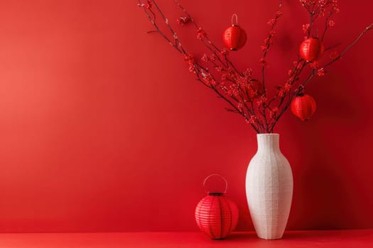 Red lantern branches vase decor against bright red wall in artistic home setting