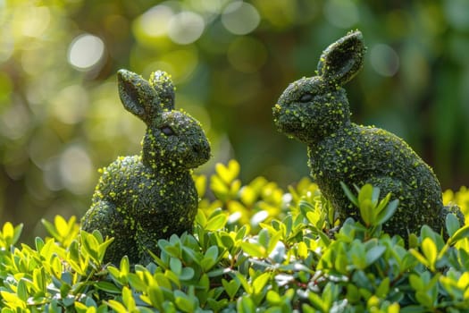Two rabbits enjoying nature on top of a green leafy bush in the wilderne