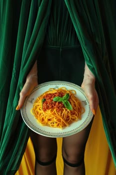 A woman in a green dress holding a plate of spaghetti on top of a green curtain fashion and dining travel beauty art concept