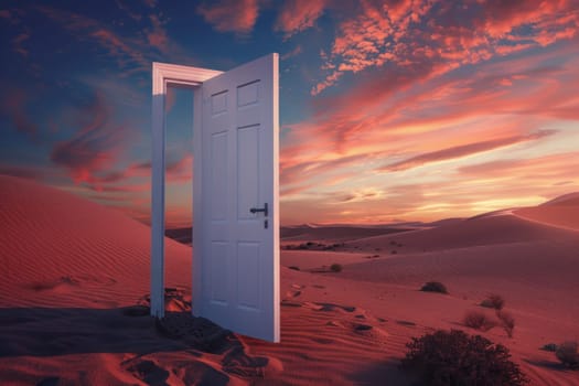 Mysterious open door in the desert with sand dunes in the background for travel and adventure concept