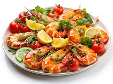 Grilled shrimps with lemon and vegetables on a plate. Fried prawns with salad. Ai generated image