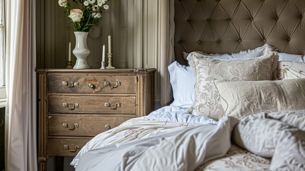 Bedroom decor in Edwardian manor house, interior design and home decor, bed with elegant bedding and bespoke furniture, English country house, holiday rental and cottage style inspiration